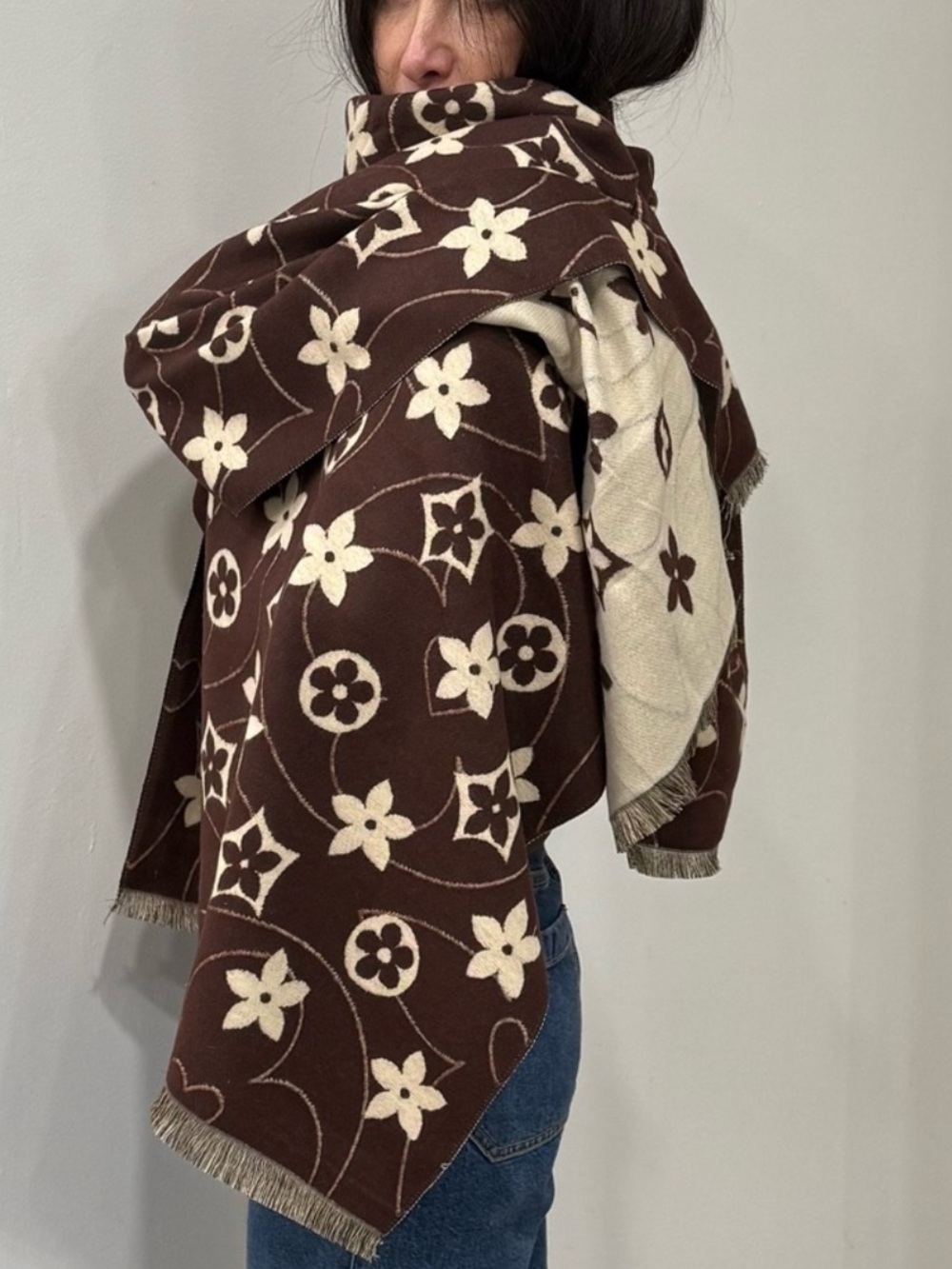 Paris made Brown & Cream Patterned Scarf - Picture 3 of 3